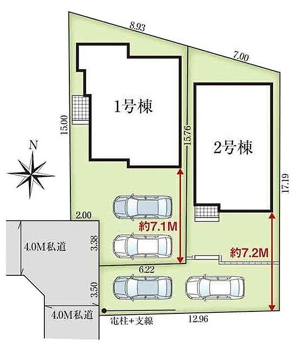 ≪全体区画図≫
駐車2台可能（車種による）！急な来客時や、ご家族の自転車スペースとしても大活躍♪