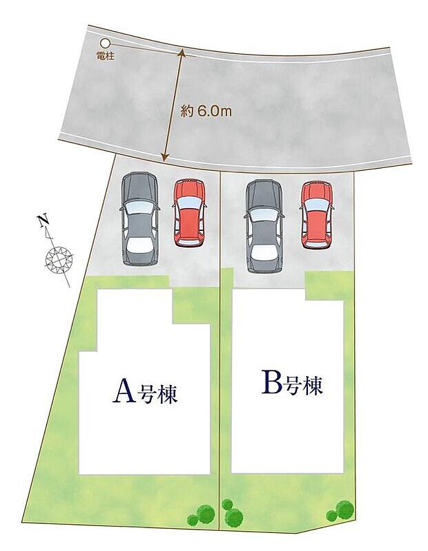 ≪全体区画図≫
駐車2台可能（車種による）！急な来客時や、ご家族の自転車スペースとしても大活躍♪