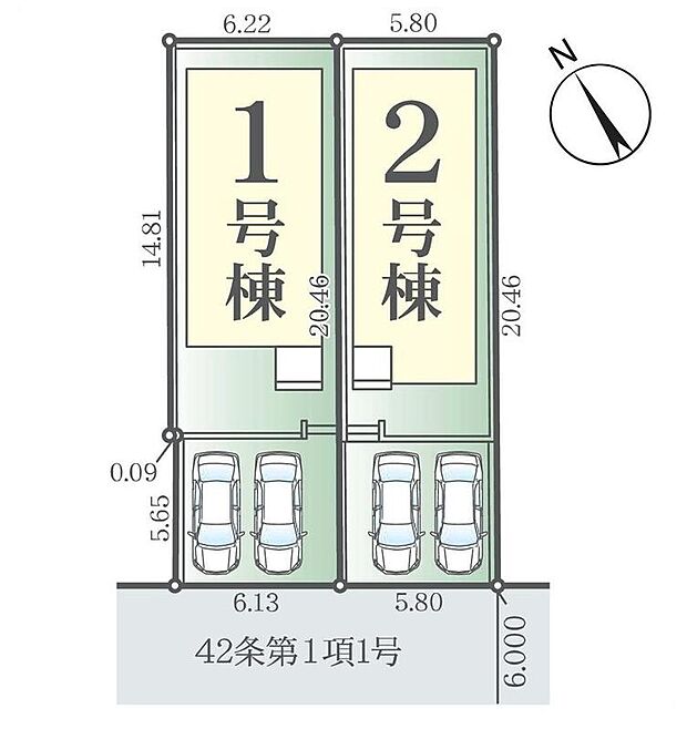 ≪全体区画図≫
駐車2台可能(車種による)!急な来客時や、ご家族の自転車スペースとしても大活躍♪
前面道路が6mと広いので、駐車もラクラク!