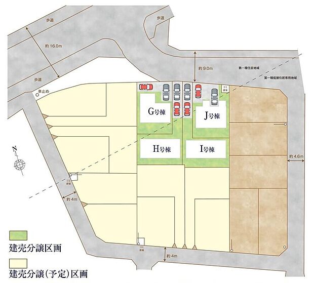 ≪全体区画図≫大型分譲地、第1期4棟分譲開始です!駐車2台可能(車種による)!急な来客時や、ご家族の自転車スペースとしても大活躍♪