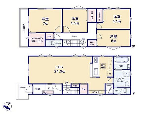 【4LDK】LDKは広々21.5帖！家族のコミュニケーションがとりやすいリビングイン階段♪
リモートワークやリビング学習に使える便利なスタディーカウンター付き！