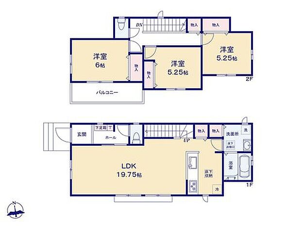 【3LDK】全室南向き、陽だまりのLDKはゆとりの19.7帖！家族のコミュニケーションがとりやすいリビングイン階段！
リビング収納、洗面室・2階ホール物入等、収納も充実しています！