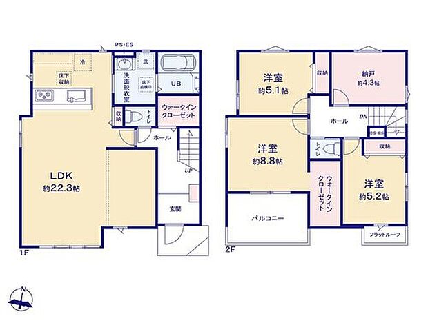 【3LDK+S】家事のしやすい水廻り集中設計！
玄関ホールに、あると便利なウォークインクローゼット付！
2階の納戸は4.3帖！収納としてだけでなく、在宅ワークスペース等にもぴったりですね！