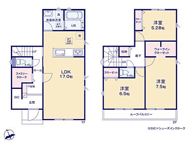 家事のしやすい水廻り集中設計、お掃除ラクラク全居室フローリング♪
便利なファミリークローゼット付き！WIC・SICもある収納充実プランです！ 