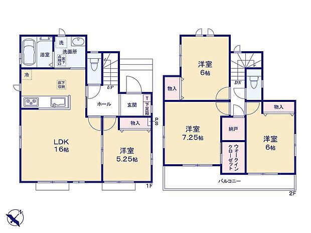【4LDK+S】家事のしやすい水廻り集中設計、お掃除ラクラク全居室フローリングプラン♪
2階ホールには収納力のある納戸付きです！