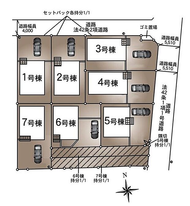 【全体区画図】全７棟の分譲地！
カースペース1台分♪自転車スペースも確保！