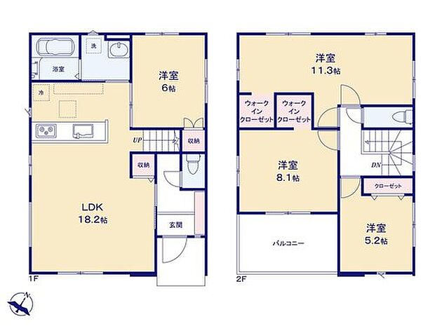 【3LDK】家事のしやすい水廻り集中設計、家族のコミュニケーションがとりやすいリビングイン階段!
2階の洋室はオプションで4LDKに間仕切対応可能です!
収納力のあるWICは2ヶ所あります!