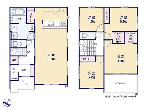 【4LDK】LDKはゆとりの20帖♪キッチン横に便利なパントリー付き!
WICが2ヶ所、SIC、パントリー、ホール物入等、収納が充実したプランです!