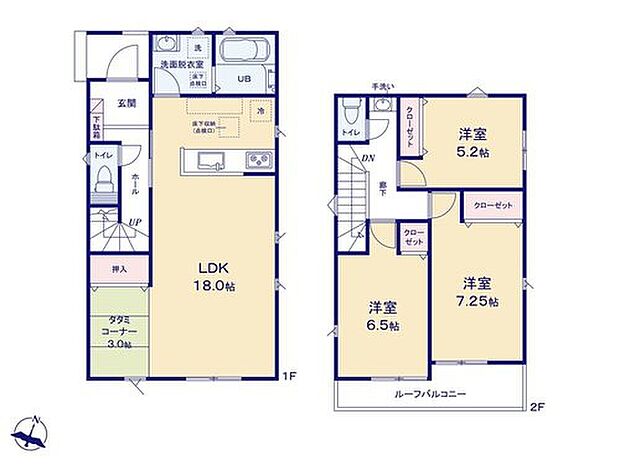 【3LDK+S】家事のしやすい水廻り集中設計、ちょっと寛ぐのにちょうどいいタタミコーナー付きプラン♪
洗濯物干しもラクラク、2室から出入りできるワイドバルコニー！