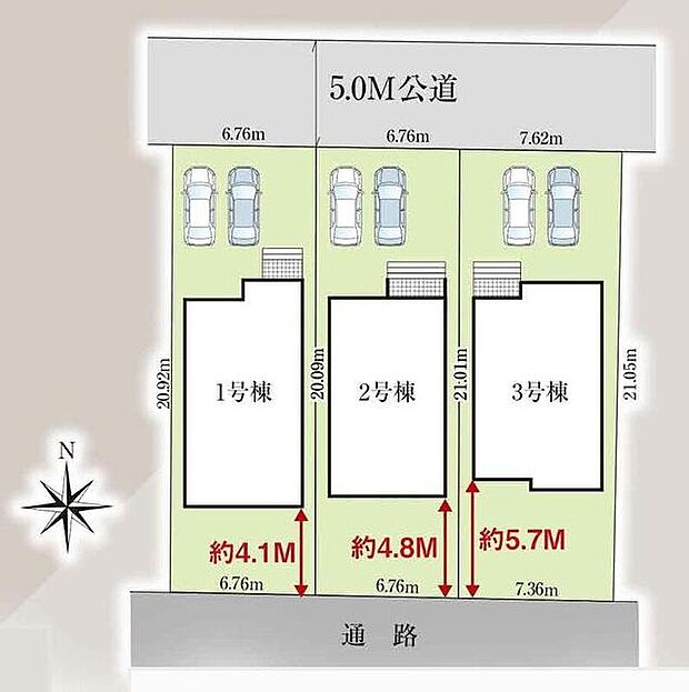 【全体区画図】奥行きのある南庭付♪
駐車2台可能(車種による)!急な来客時や、ご家族の自転車スペースとしても大活躍♪