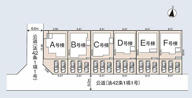 【全体区画図】明るい南前面道路！
駐車2～3台可能（号棟・車種による）！急な来客時や、ご家族の自転車スペースとしても大活躍♪
