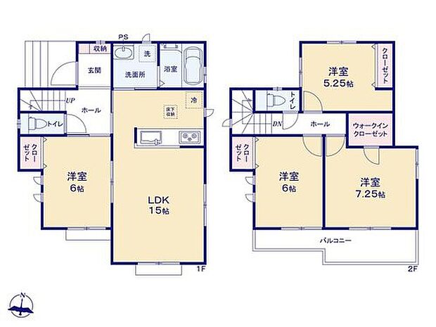 【4LDK】家事のしやすい水廻り集中設計、お掃除ラクラク全居室フローリングプラン♪
主寝室には収納力のあるWIC付き！