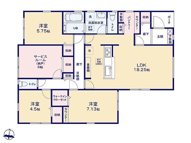 【3LDK+S】ゆとりある広さの平屋建て!18帖超えのリビングに、回遊動線のキッチンを採用しました♪
可動棚付きのパントリーやWICを備えた収納豊富な間取り◎
サービスルームもあり、季節物家電などもすっきり片付きます♪