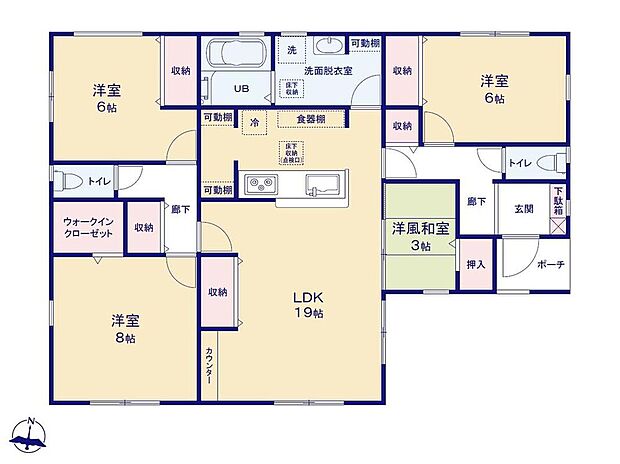 【4LDK】ゆとりある広さの平屋建て!19帖超えのリビングには憩いの和室付きです♪
可動棚付きのパントリーやリビング収納を備えた間取り◎
主寝室にはWICがあり、季節物などもすっきり片付きます♪
