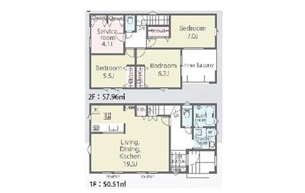 【3LDK+S】1階LDKはゆとりの19帖！便利なLDK収納付き！
プライベート空間は2階に配したプランです！
在宅ワークにも便利なサービスルームもあります♪