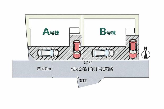 【全体区画図】南前面道路で陽当たり良好♪
駐車2台可能(車種による)!急な来客時や、ご家族の自転車スペースとしても大活躍♪