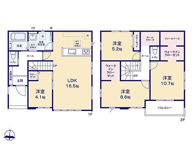 【4LDK】家族のコミュニケーションがとりやすいリビングイン階段♪
2階ホールに、家族で使える便利なホールクローク!
WIC×2ヶ所、フリースペースもあります!