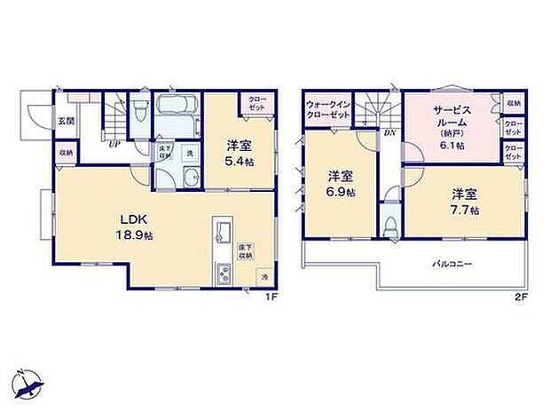 【3LDK+S】2階のサービスルームは6.1帖と十分な広さがあるので、居室と同じように利用可能!
WICやリビング収納等、収納が充実♪
