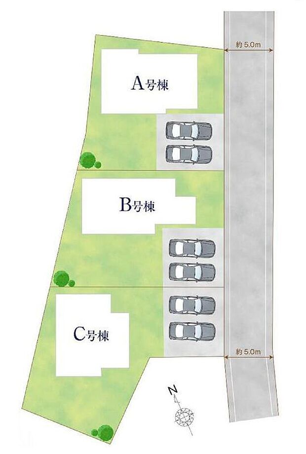 【全体区画図】駐車2台可能(車種による)!急な来客時や、ご家族の自転車スペースとしても大活躍♪