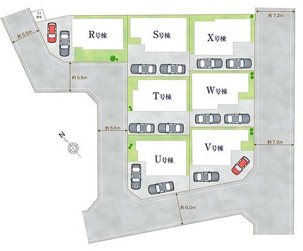 【全体区画図】全55区画の大型分譲地、第1期7棟!
駐車2台可能(車種による)!急な来客時や、ご家族の自転車スペースとしても大活躍♪