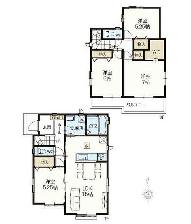 【4LDK】家事のしやすい水廻り集中設計、お掃除ラクラク全居室フローリングプラン♪
主寝室にはWIC、2階ホールに便利な物入もあります!