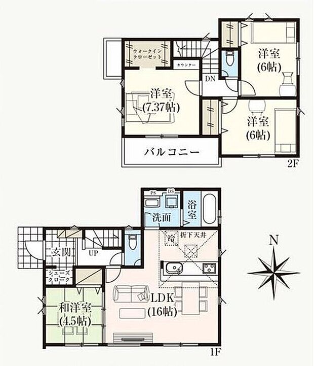 【4LDK】家事のしやすい水廻り集中設計、ホッとできる寛ぎの和室付きプラン♪
主寝室には収納力のあるWICとカウンタースペース、玄関にはSCもあります！