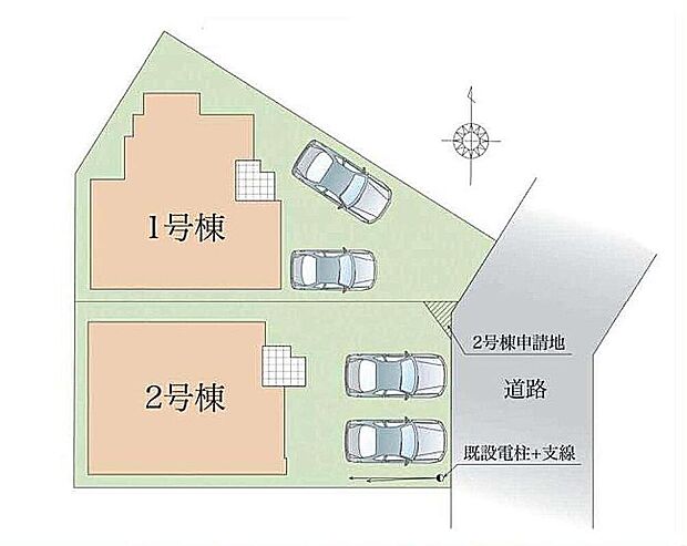【全体区画図】駐車2台可能（車種による）！急な来客時や、ご家族の自転車スペースとしても大活躍♪