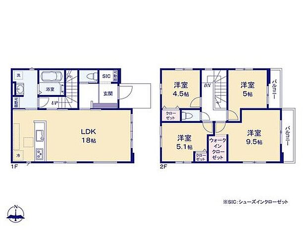 【4LDK】家族が集うLDKはゆとりの18帖！プライベート空間を2階に配したプランです♪
WIC・SIC等、収納も充実！洗面室には便利な可動棚もあります！