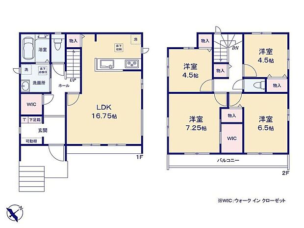 【4LDK】玄関に、家族で使える便利なWIC！
主寝室にもWICがあります！
プライベート空間を2階に配したプランです！