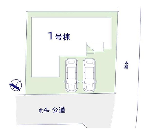 【全体区画図】駐車2台可能（車種による）！急な来客時や、ご家族の自転車スペースとしても大活躍♪
前面道路が広いので、駐車もラクラク！