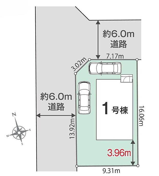 【全体区画図】明るく開放感のある角地物件♪奥行きのある南庭付！
駐車2台可能（車種による）！急な来客時や、ご家族の自転車スペースとしても大活躍♪
