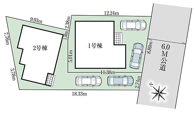 【全体区画図】駐車2台可能（車種による）！急な来客時や、ご家族の自転車スペースとしても大活躍♪
前面道路が広いので、駐車もラクラクですね！