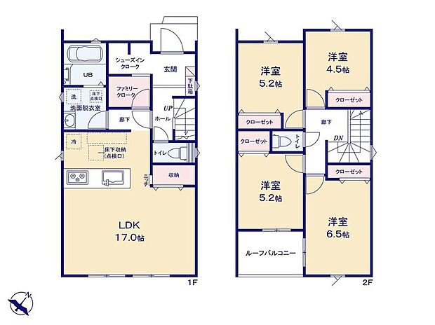 【4LDK】水廻り集中型設計プラン♪土間収納の隣にはファミリークロークがありキッチン・リビングインにも行き来ができ家事動線がスムーズです！各居室・リビングには収納付き！