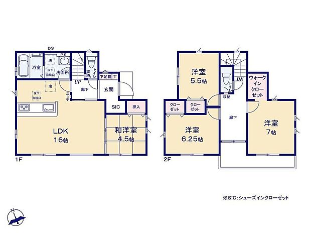 【4LDK】家事のしやすい水廻り集中設計、ホッとできる寛ぎの和室付きプラン♪WIC・SC等、収納が充実しています！居室を通らずにバルコニーに出入りできるので便利です！
