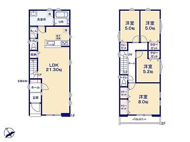 家事のしやすい水廻り集中設計、LDKは広々21帖！
家族のコミュニケーションがとりやすいリビングイン階段！ 