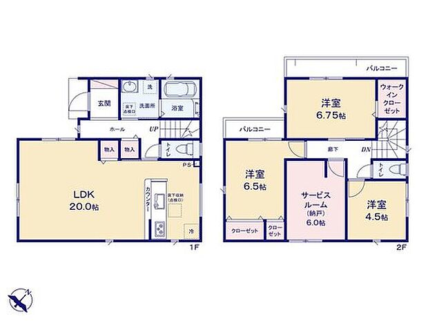 【3LDK+S】ゆったり過ごせるLDKはゆとりの20帖!プライベート空間は2階に配したプランです♪
6帖のサービスルームは、居室と同じように利用可能です!