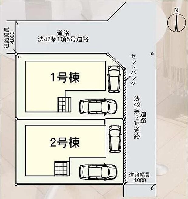 【全体区画図】駐車2台可能（車種による）！急な来客時や、ご家族の自転車スペースとしても大活躍♪