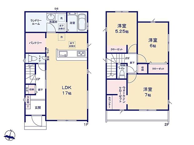 【3LDK】家事のしやすい水廻り集中設計、便利なランドリールーム付プラン♪主寝室には収納力のあるWICとカウンタースペース、キッチン横にパントリーと収納充実!