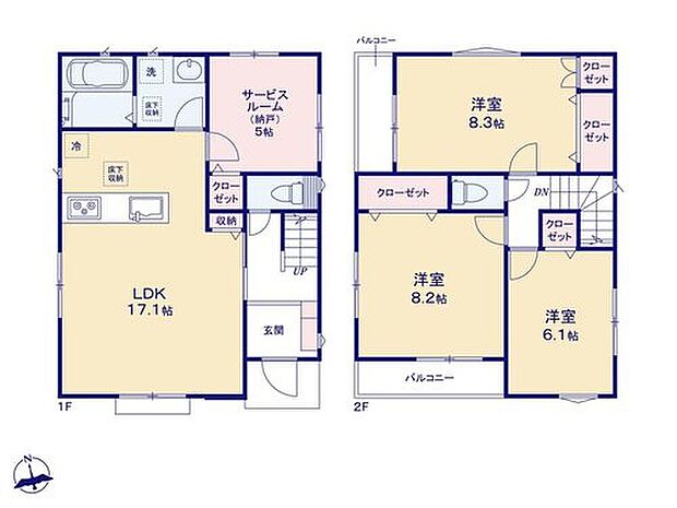 【3LDK+S】家事のしやすい水廻り集中設計、お掃除ラクラク全居室フローリングプラン♪
1階のサービスルームは5帖あるので、居室と同じように利用可能です!