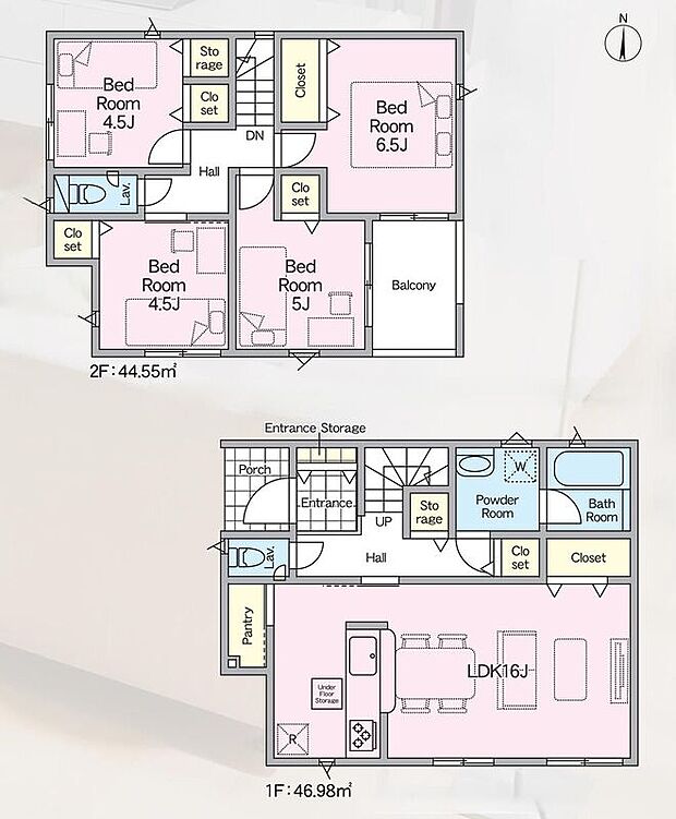 【4LDK】明るい南向き、お掃除ラクラク全居室フローリングプラン♪全居室収納はもちろんのこと、パントリー・リビング収納・ホール物入等、収納が充実しています!