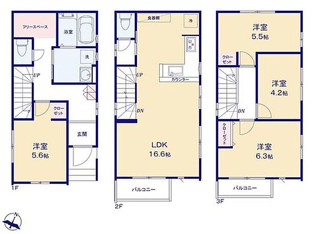 【4LDK】ＬＤＫは16帖超え☆家具レイアウトの幅も広がります！
1階のフリースペースは季節ものの保管にも利用できます♪
住空間に余裕が生まれる3階建てプラン
2階に家族が集まるLDK、バルコニーと一体化した開放感