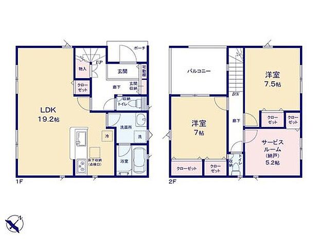 【2LDK+S】●間口の広い玄関ホールは元気いっぱいのお子様にも安心♪
●2階には7帖超の居室が2つ！2面採光で風通しも良く快適なプライベート空間になります♪