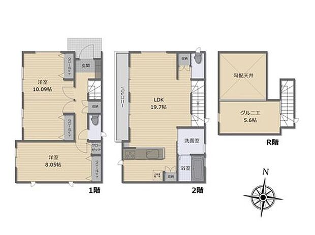 【2LDK】☆3LDKに間取り変更可能♪
☆道路からのプライバシーを確保しやすい「2階リビング」♪
☆ご家族との会話が弾む対面式キッチン♪
☆水回り集中設計で家事効率UP！
☆全居室収納、パントリー、グルニエ付き！
