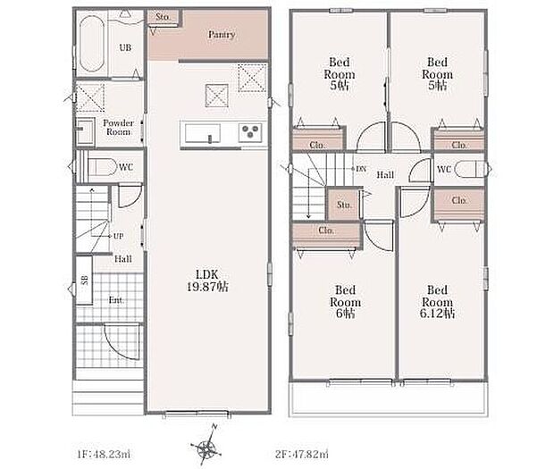 【4LDK】●ＬＤＫは19帖超え♪家具レイアウトの幅も広がります♪
●常備食のストックや家電の収納に役立つパントリー付♪
●水回りが集中しており家事動線の良い間取り♪
