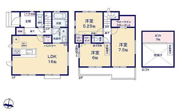 【3LDK】●玄関近くに洗面スペースを設けた新生活仕様にフィットできる住まい
●ウォークインクローゼットを２か所完備！増えがちな衣類やバッグなどを効率よく収納できます！
●季節ものがたっぷり片付くロフト付き