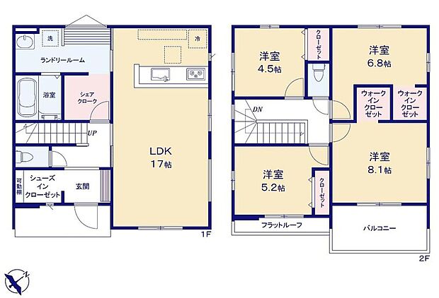 【4LDK】●家族とのつながりを意識した見通しのいい17帖のLDKは会話が弾んでみんなを笑顔にします!
●効率的でストレスのない家事動線。水回りが集中しており、移動がスムーズです♪