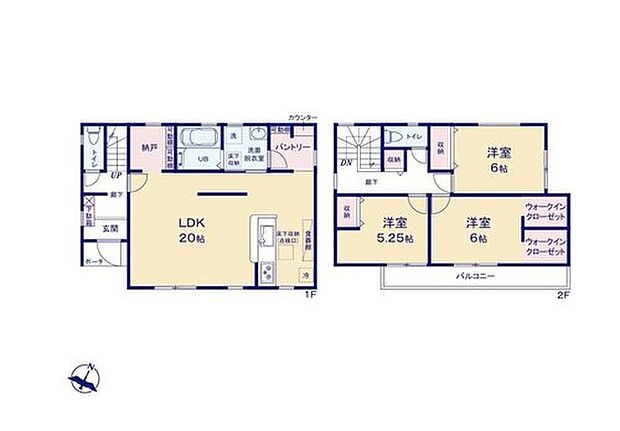【3LDK】ＬＤＫは20帖☆家具レイアウトの幅も広がります！
常備食のストックや家電の収納に役立つパントリー付き♪
WICなど収納設備が充実した快適なお住まいです♪