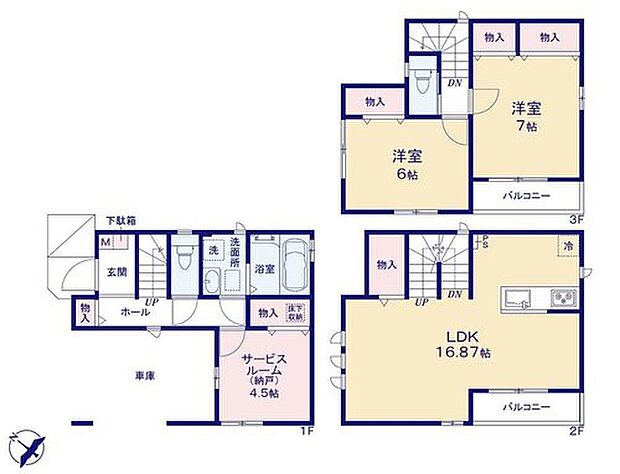 【2LDK+S】●2階リビングは眺望・採光と風通し、外からの視線が気にならない等、多くの利点
●全居室南西向きで陽当たり良好♪
●何かと便利な４．５帖の納戸付！