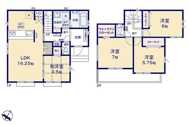 【4LDK】●常備食のストックや家電の収納に役立つパントリー付
●あると落ち着く『和室』付♪家事の休憩スペースやお子様のお昼寝スペースとしても活躍します♪
●増えがちな衣類やバッグなどを効率よく収納できるWIC！