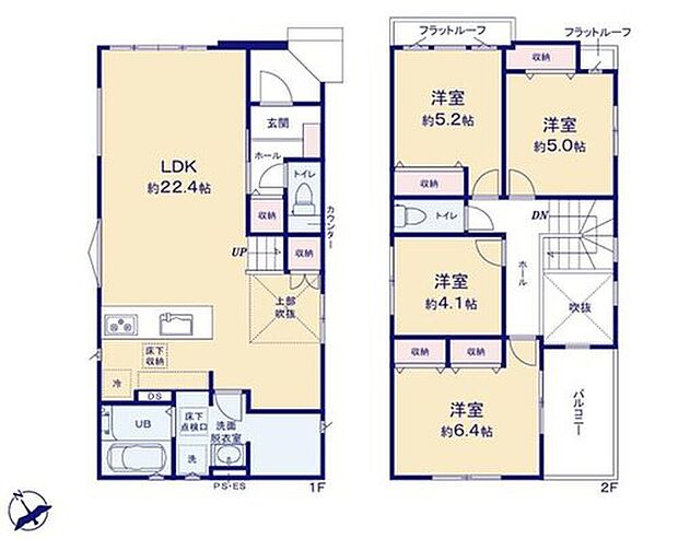 【4LDK】●ＬＤＫは22帖超え☆吹抜けで明るく開放的あふれる空間に♪
●常備食のストックや家電の収納に役立つパントリー付♪
●南バルコニーで陽当りはバツグンです♪